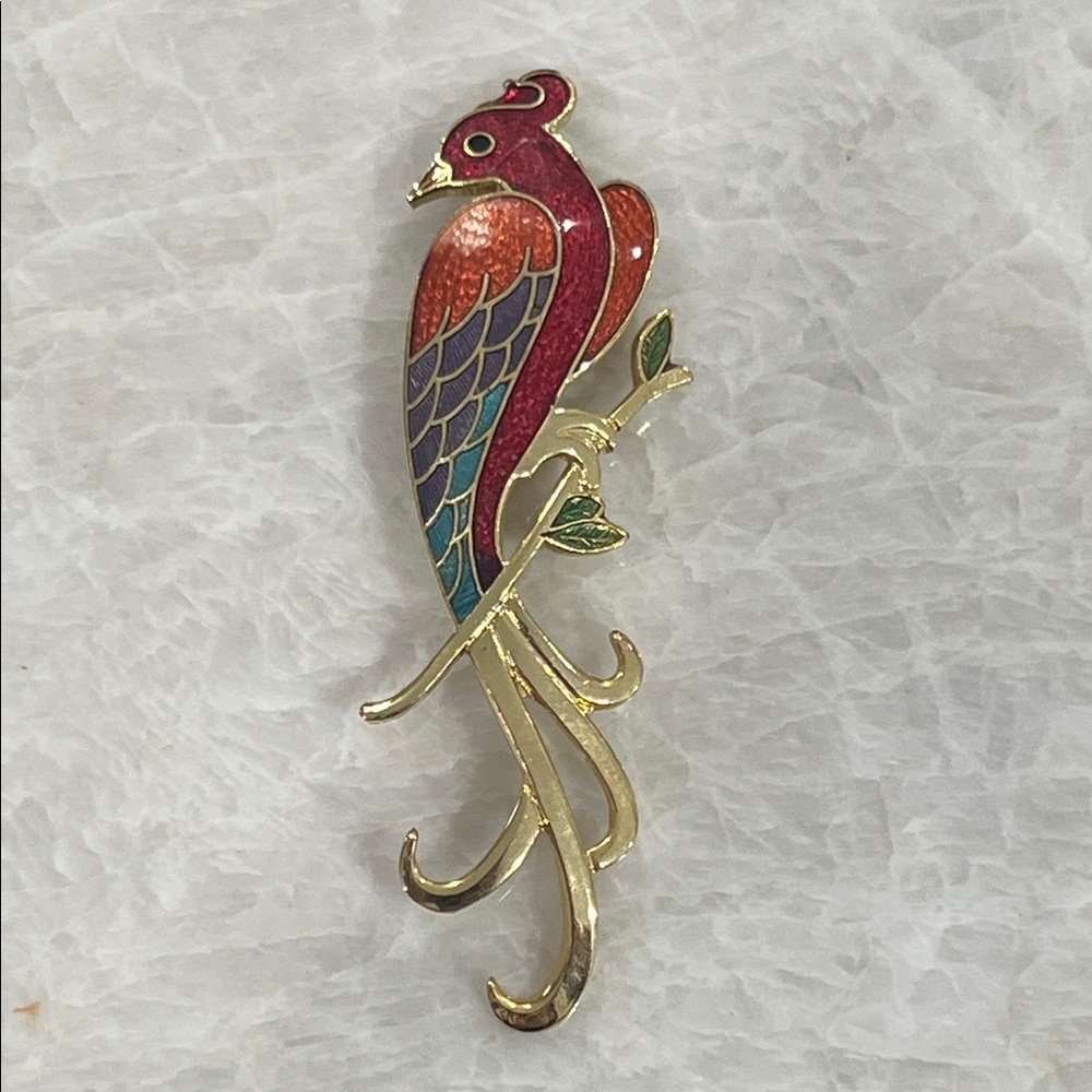 Vintage Gold Toned Peacock Brooch Pin Multi Colored Enamel Vibrant & Beautiful